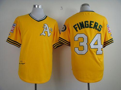 Mitchell And Ness Athletics #34 Rollie Fingers Yellow Throwback Stitched MLB Jersey - Click Image to Close